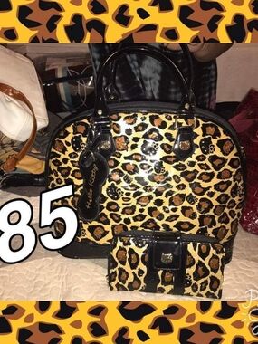 Hello Kitty Leopard Print Patent Dome Satchel and Wallet - Black, Tan, Brown